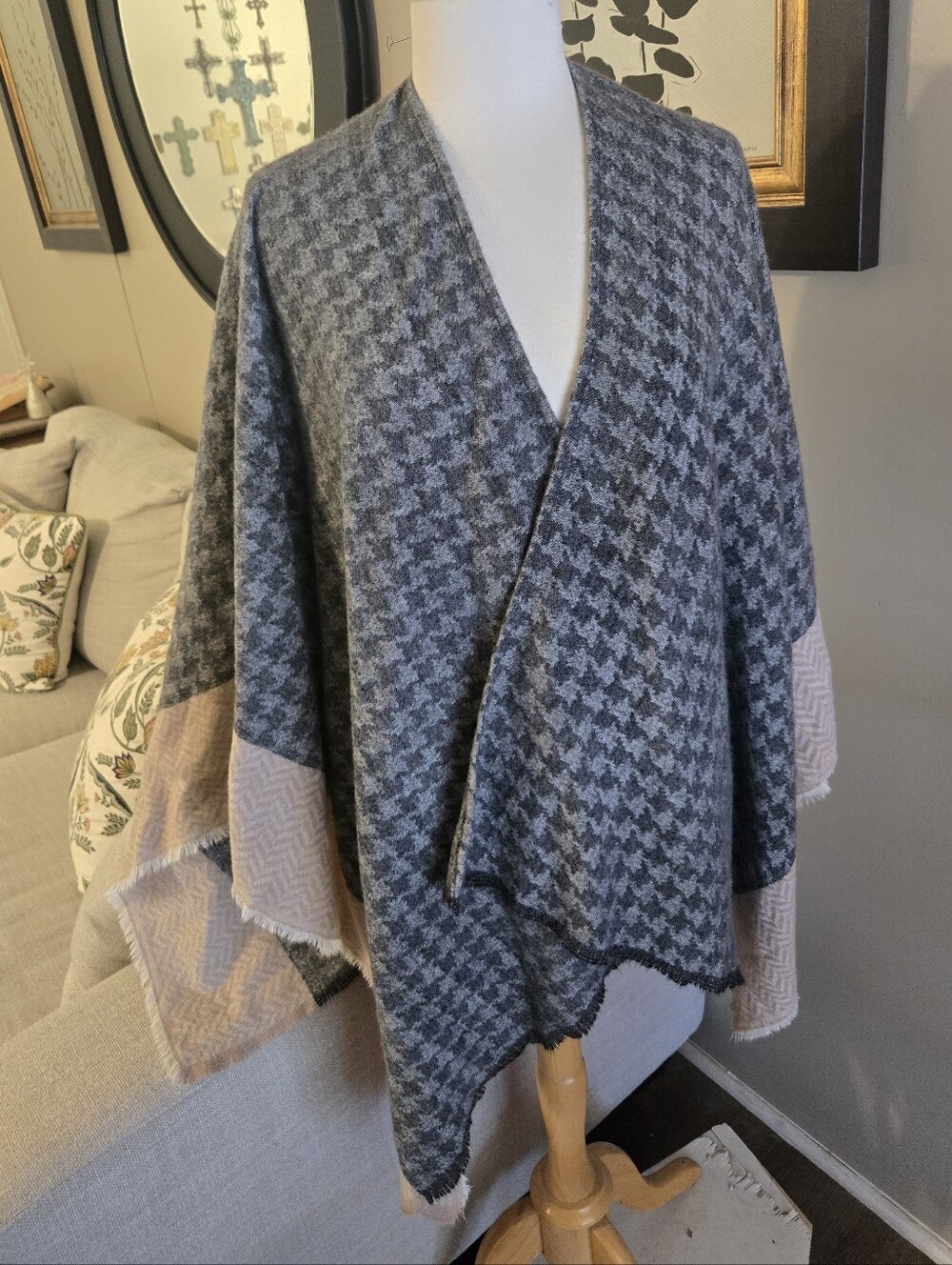 Mixit : Gray Houndstooth Wrap Sweater with Cream Trim - Women